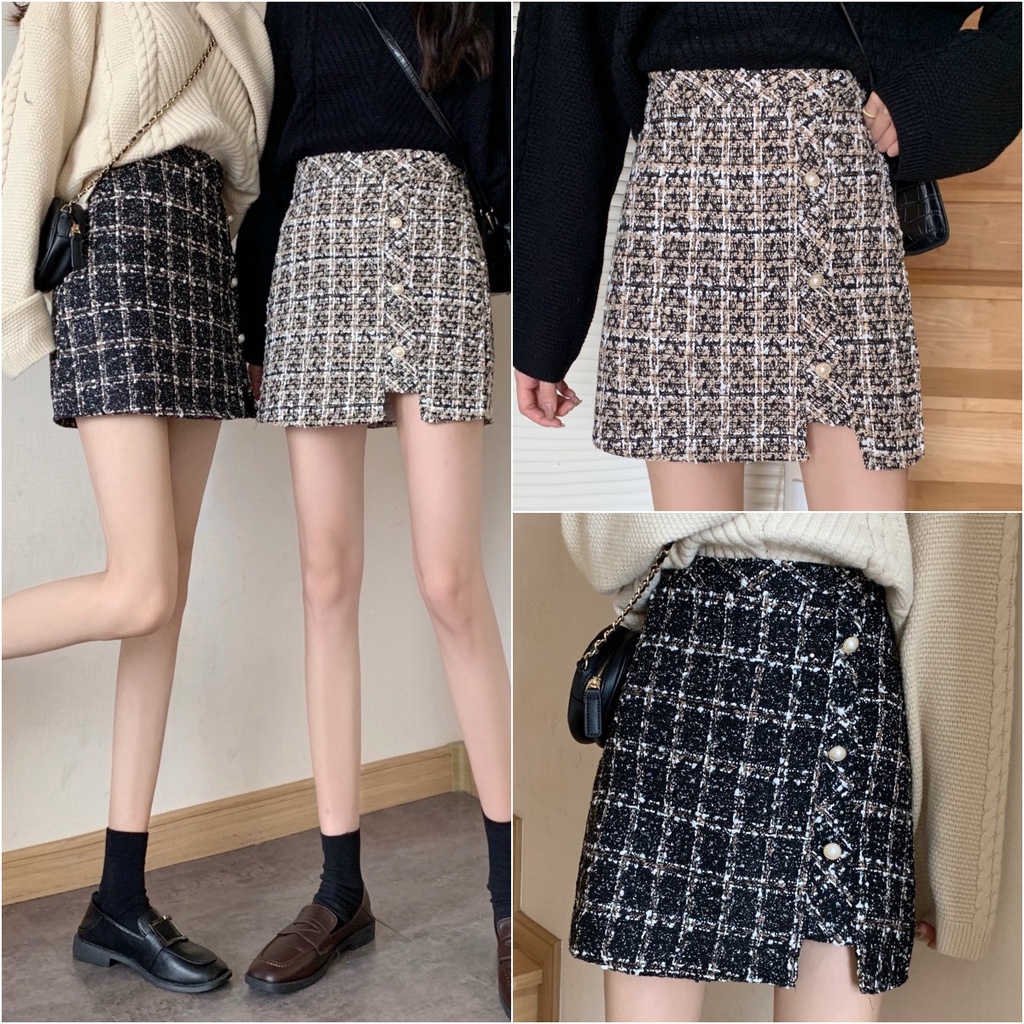 ccute พร้อมส่ง กระโปรง ทรงเอ เอวสูง ผ้าทวิต สั้นมินิ ซิปหลัง มีซับใน แต่งไข่มุกด้านข้าง 3เม็ด ลายสก๊อต แฟชั่น ผู้หญิง