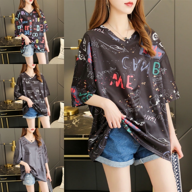 【 Plus Size 】(ใส่ได้ 150 กก.)(หลากสี) เสื้อยืดแขนสั้น คอวี ทรงหลวม สไตล์เกาหลี สําหรับผู้หญิง