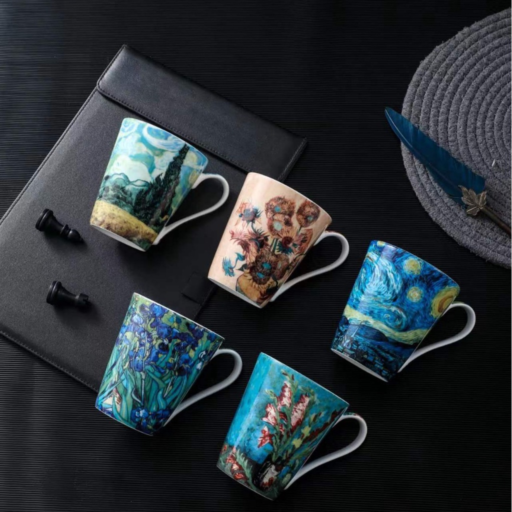 Van Gogh/Monet bone แก้วมัก หรูหรา สไตล์ยุโรป สําหรับใส่กาแฟ ชา นม อาหารเช้า ของขวัญ