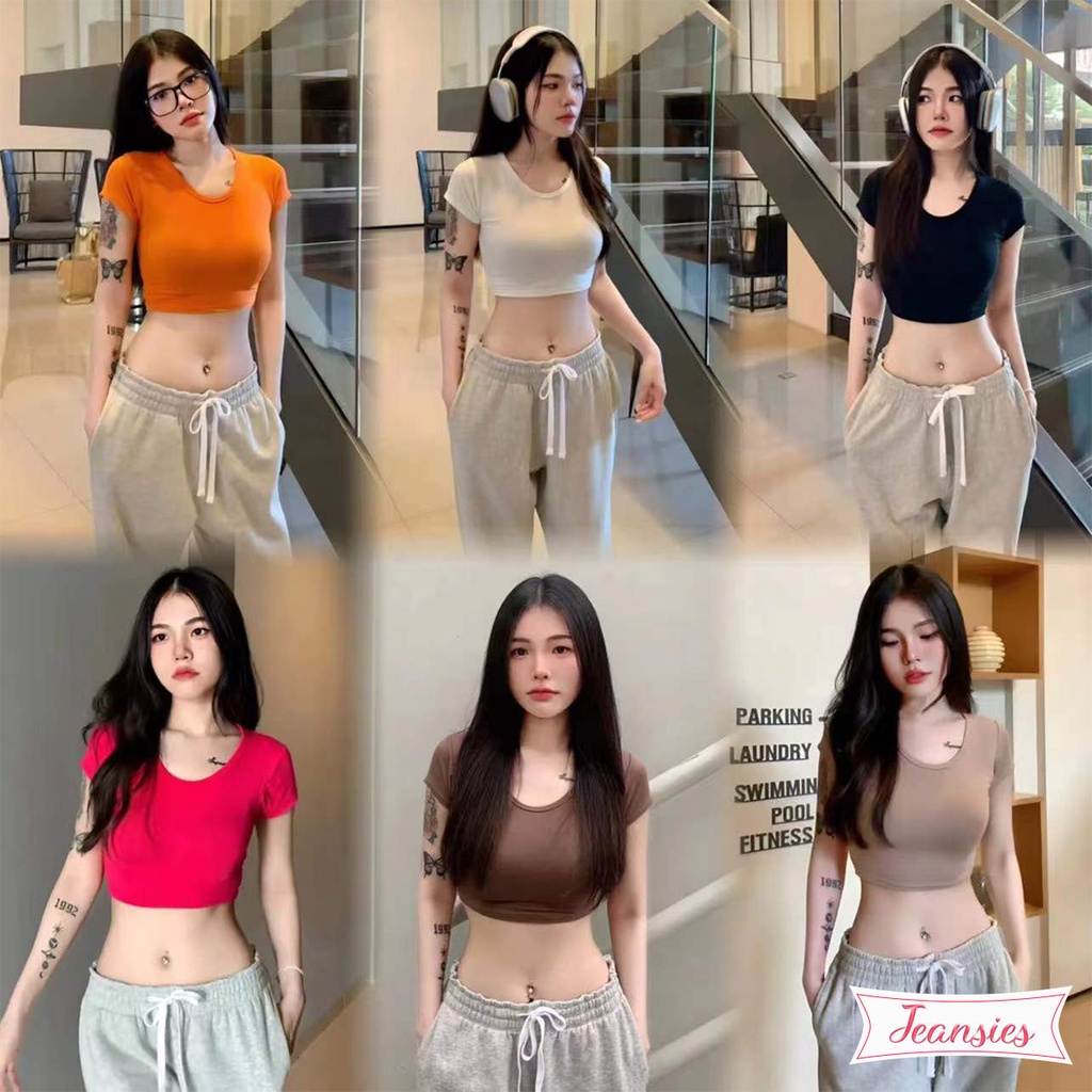 crop top เสื้อครอปคอกลมlสุดฮิต เสื้อครอปสั้นคอกลมสีพื้น