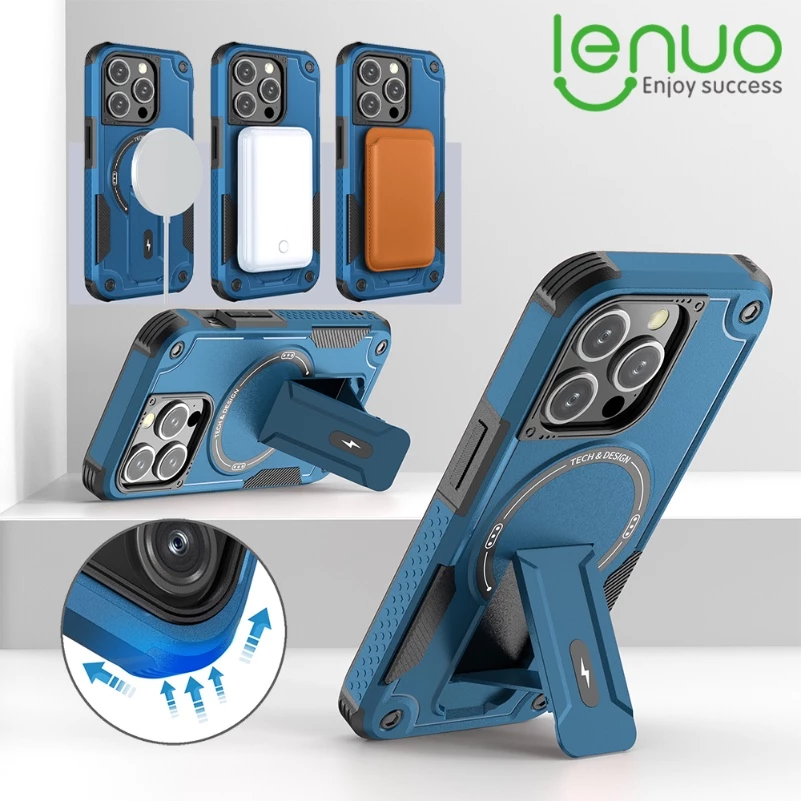 Lenuo เคสโทรศัพท์มือถือ PC TPU แข็ง กันกระแทก พับได้ ตั้งได้ สําหรับiPhone 15 14 13 12 Pro Max 14 15 Plus 5G ไอโฟน magnet Case