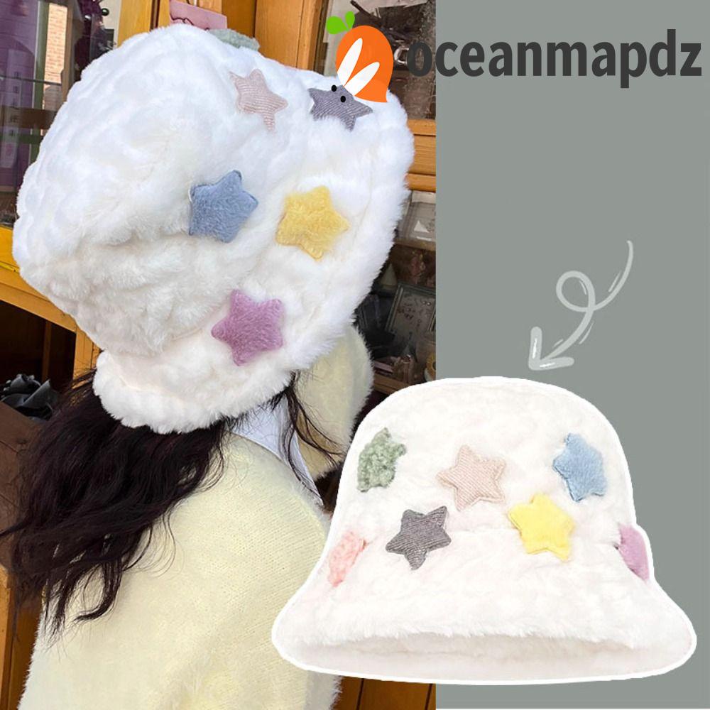 Oceanmapdz หมวกบักเก็ต ผ้าขนแกะ ขนนิ่ม หนา ลายดาว หลากสีสัน สําหรับนักเรียน