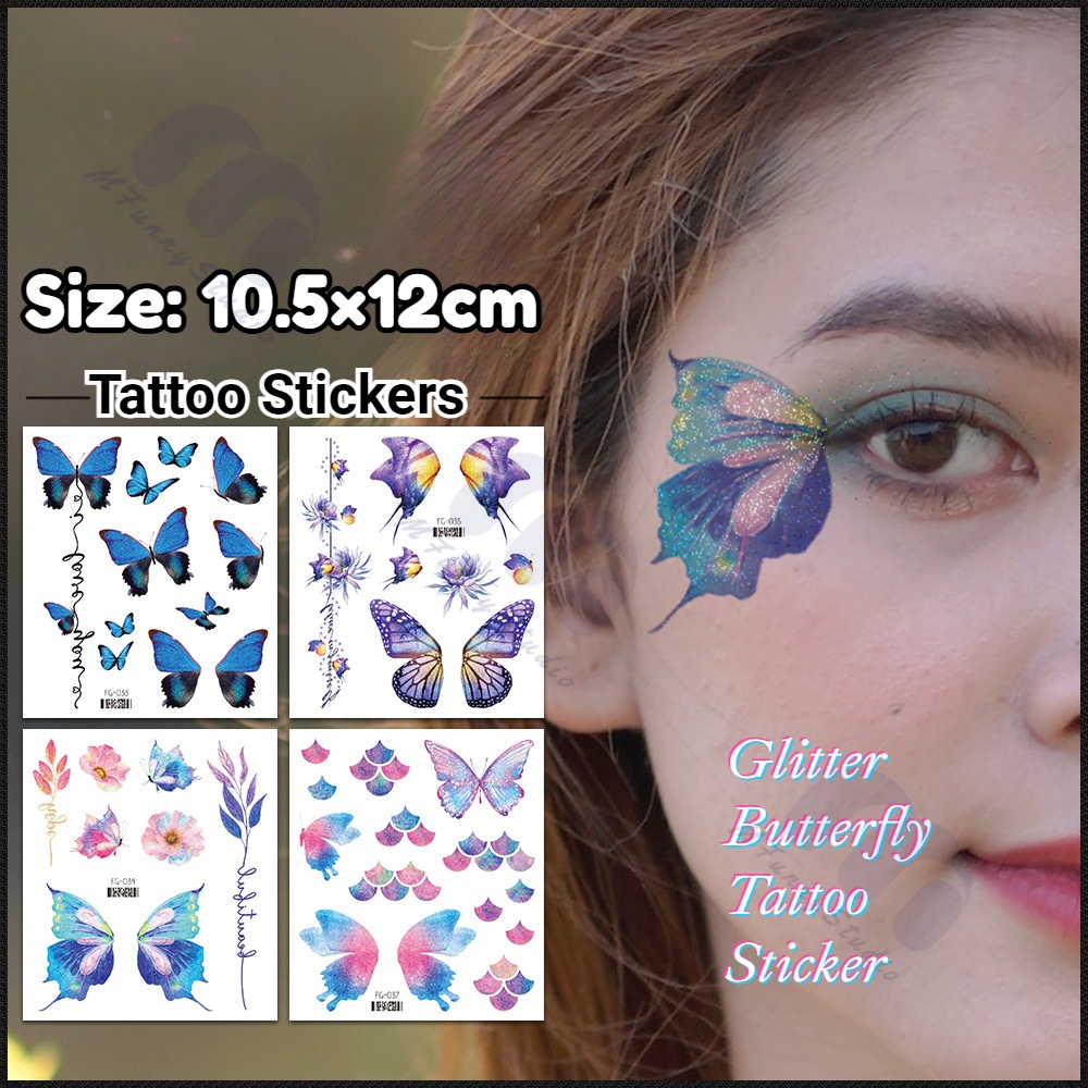 【MF Magic Tattoo】สติกเกอร์รอยสักชั่วคราว ลายผีเสื้อ 3D กันน้ํา แวววาว หลากสีสัน สําหรับตกแต่งร่างกาย แขน ใบหน้า ดวงตา ผู้หญิง