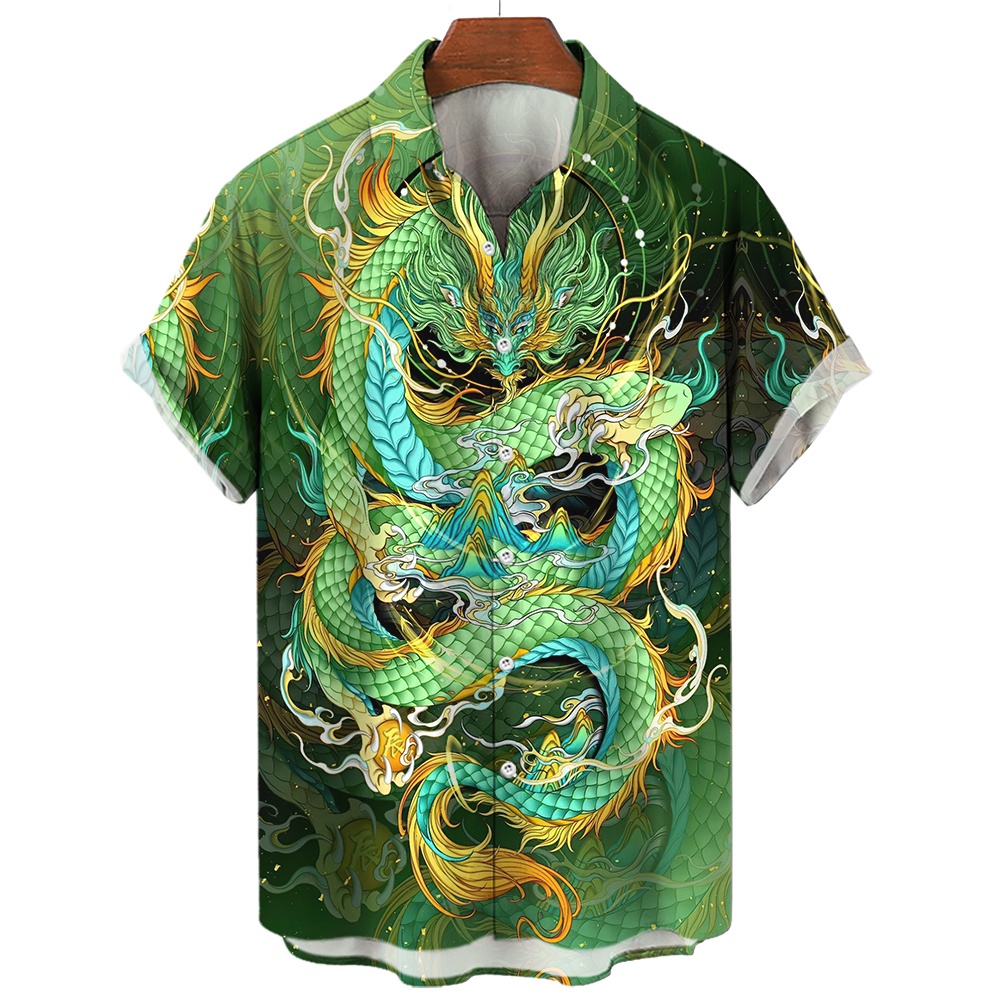 เสื้อเชิ้ตโปโล แขนสั้น พิมพ์ลายมังกร สไตล์จีน ทรงหลวม ขนาดใหญ่ สวมใส่สบาย แฟชั่นฤดูร้อน สไตล์ยุโรป สําหรับผู้ชาย