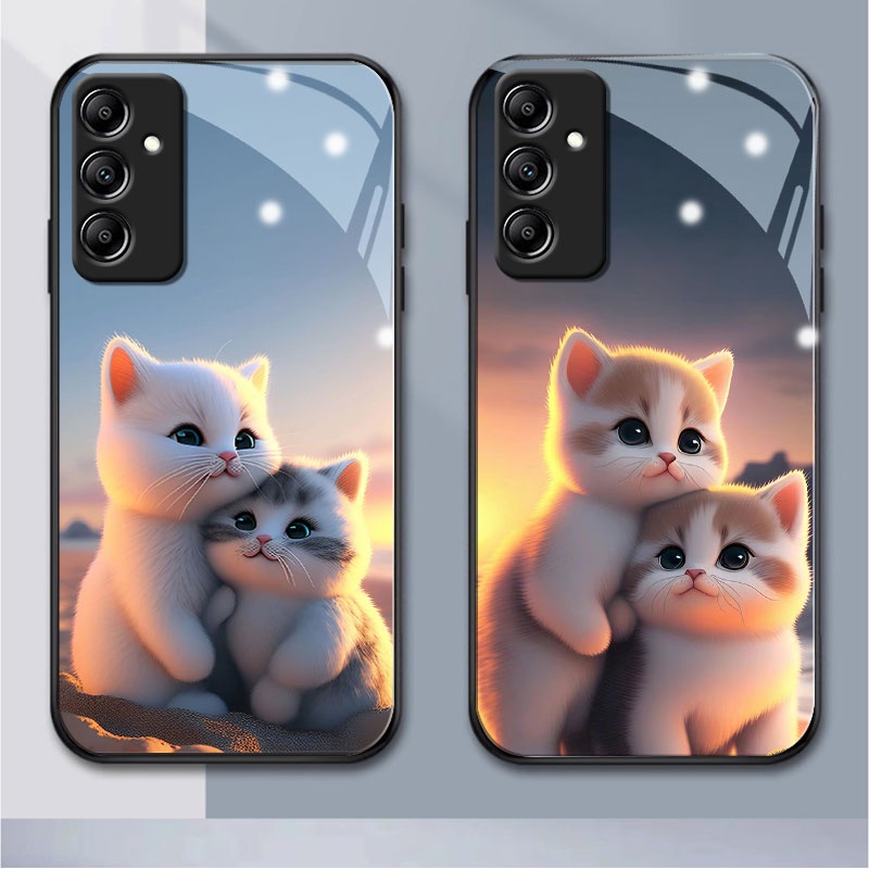 เคสโทรศัพท์มือถือแบบแก้ว ลายแมวน่ารัก กันน้ํา กันฝุ่น สําหรับ samsunga14 a31 a30 a24 a23 a22 a22s a21s a20s a13 a12 a11 a10 a10e a02s a03 (HB1-1014)
