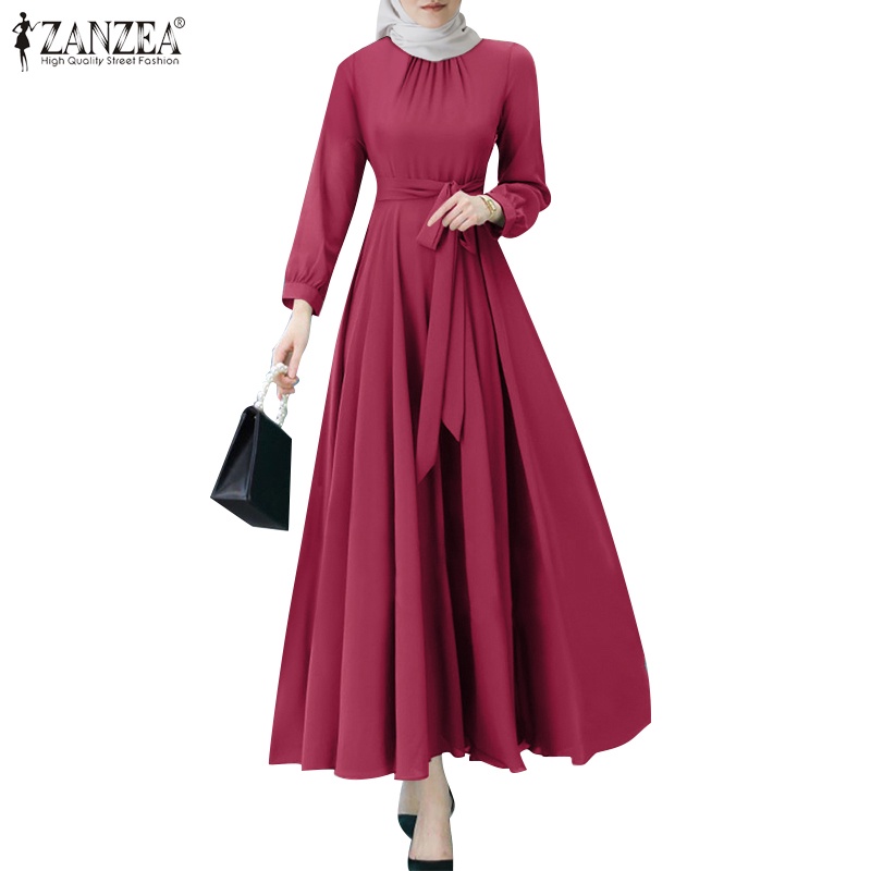 Zanzea ชุดเดรสคอกลม แขนยาว มีซิป สีพื้น สไตล์เกาหลี สําหรับผู้หญิง
