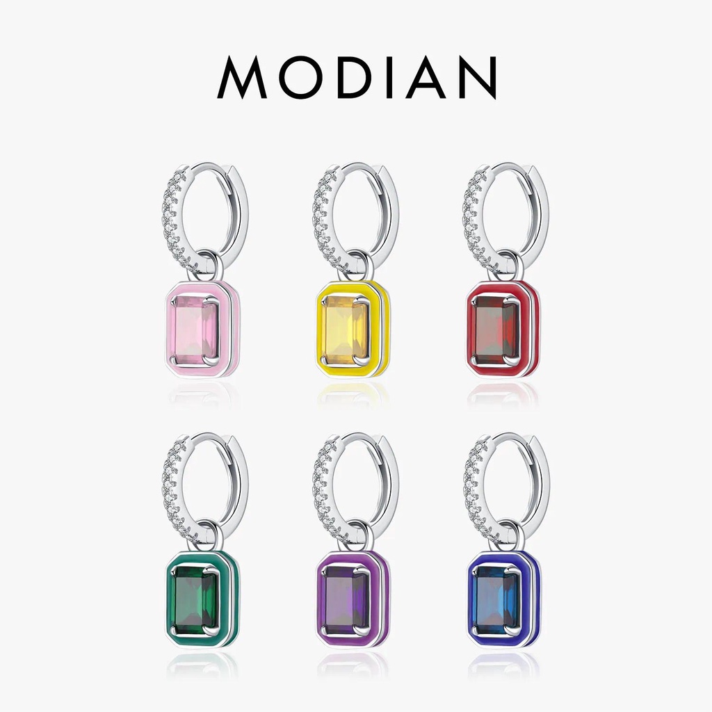 Modian 925 เงินสเตอร์ลิงสายรุ้งที่มีสีสันเคลือบ Hoop ต่างหู Charm หรูหราสี่เหลี่ยมผืนผ้า Zirconia หูหัวเข็มขัดสําหรับผู้หญิงเครื่องประดับ