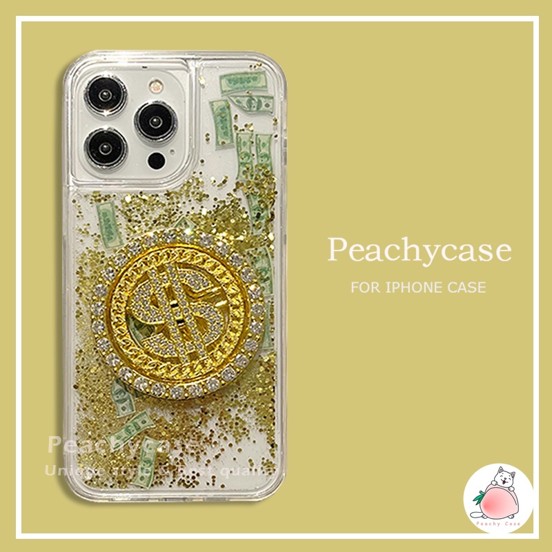 เคสโทรศัพท์มือถืออะคริลิคแข็ง ปิดด้านหลัง แบบกลิตเตอร์ในของเหลว ลายดอลลาร์ สร้างสรรค์ สีทอง สําหรับ iPhone 15 14 Plus 13 12 11 Pro Max Xr X Xs