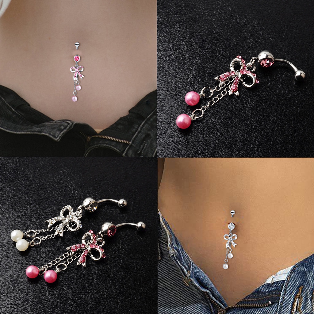 เครื่องประดับ จิวสะดือ สเตนเลส รูปโบว์ ประดับพลอยเทียม สีชมพู และสีขาว 1 ชิ้น