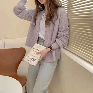 สไตล์เกาหลี วินเทจ สีพื้น เสื้อคาร์ดิแกนแขนยาว ลําลอง สําหรับผู้หญิง