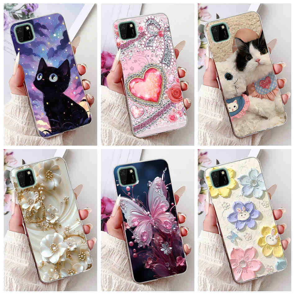 Huawei Y5P DRA-LX9 แมวน่ารักผีเสื้อดอกไม้รูปแบบกรณี Y5P 2020 ซิลิโคนนุ่ม TPU เคสโทรศัพท์