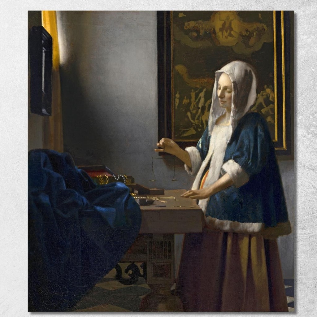 Woman Holding A Balance Jan Vermeer, jvr32 ภาพพิมพ์บนผ้าใบแคนวาส