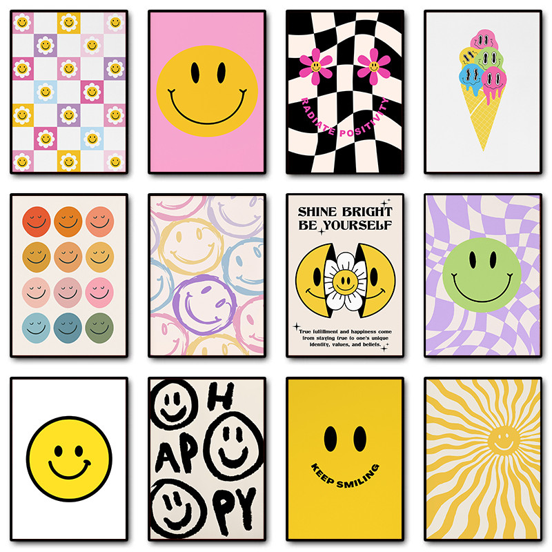 Retro 70s Funky Smile ดอกไม้ Sunshine สร้างแรงบันดาลใจคําคมโปสเตอร์ผ้าใบภาพวาดภาพตกแต่งบ้าน