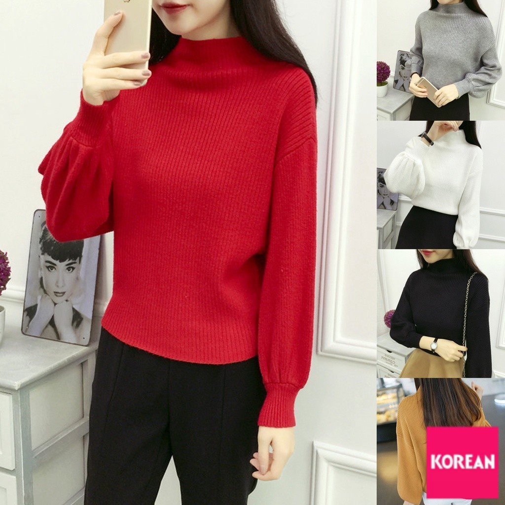 เสื้อไหมพรมคอสูง ทรงแขนพองจั๊ม ใส่สบาย 5 สี แฟชั่น เกาหลี ราคาถูก น้ำหนักเบา