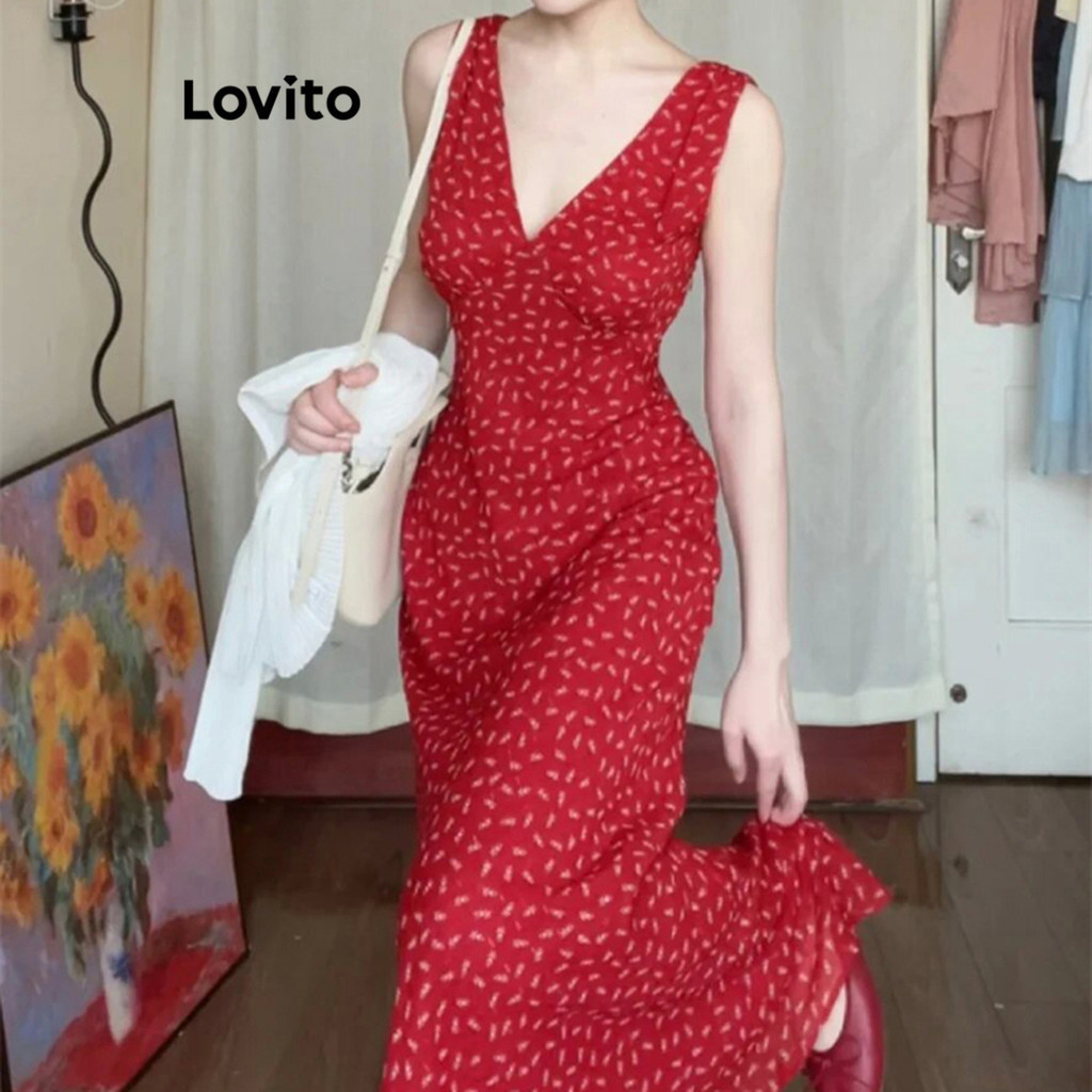 Lovito ชุดเดรสเรขาคณิตลายดอกไม้ ดิทซี่ แบบสบาย ๆ สำหรับผู้หญิง LNE73668