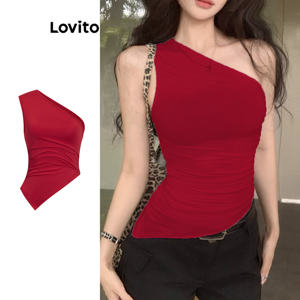 Lovito เสื้อกล้ามแบบสบาย ๆ รูดระบายสำหรับผู้หญิง L104ED738