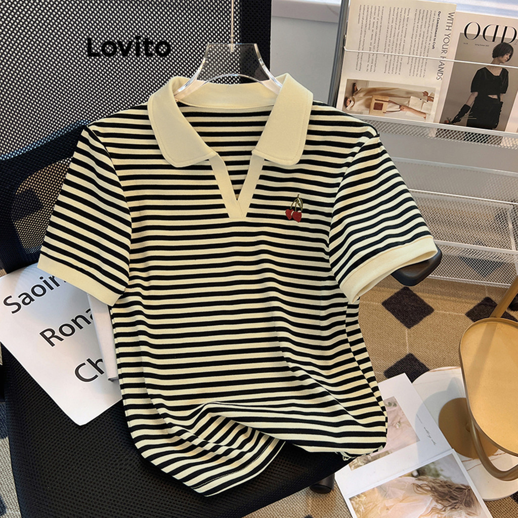 Lovito เสื้อยืดผู้หญิง แบบเย็บต่อ ลายทาง แบบปักลาย สไตล์ลำลอง LNE37180 (หลากสี)