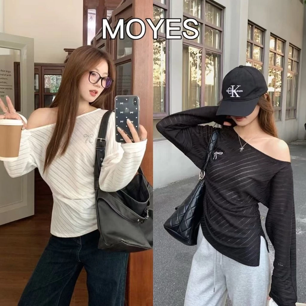 MOYES 🔥ในสต็อก💗เสื้อยืด ผู้หญิง ลำลอง ดีไซน์ไหล่ไม่สมมาตร แขวน สบาย ฤดูใบไม้ผลิ & ใบไม้ร่วง