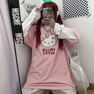 Kawaii เสื้อยืดแขนยาวลําลอง ทรงหลวม ลาย Hello Kitty สีชมพู แบบเรียบง่าย สไตล์เกาหลี สําหรับผู้หญิง และนักเรียน 2023