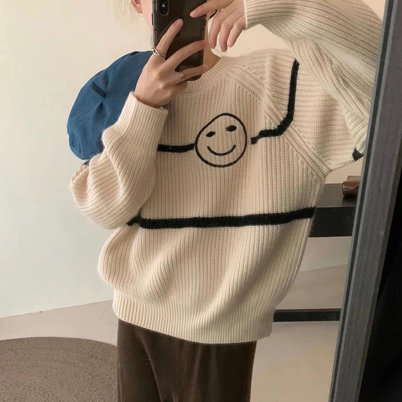Xiao2 ใหม่ เสื้อกันหนาว คอกลม ผ้าวูลถัก ทรงหลวม ลายหน้ายิ้ม สีชมพู สไตล์เกาหลี แฟชั่นฤดูใบไม้ร่วง สําหรับผู้หญิง GLM1