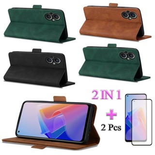 2 IN 1 เคสโทรศัพท์มือถือหนัง พับได้ พร้อมหน้าจอเซรามิค สองชิ้น สําหรับ OPPO Reno 7Z 5G Reno 8Z 5G