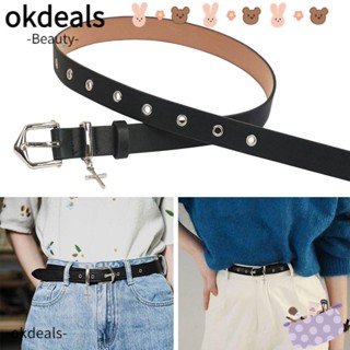 Okdeals เข็มขัดคาดเอว หัวเข็มขัดโลหะ สีดํา สไตล์ฮิปฮอป แบบบาง