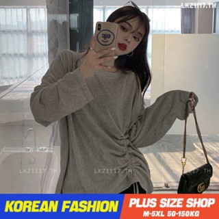 Plus size เสื้อผ้าสาวอวบ❤ เสื้อยืดสาวอวบอ้วน ไซส์ใหญ่ ผู้หญิง เสื้อยืด oversize ทรงหลวม แขนยาว คอกลม เชือกรูด สีพื้น ฤดูใบไม้ร่วง สไตล์เกาหลีแฟชั่น