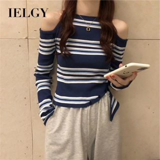 Ielgy Niche halter เสื้อยืดแขนยาว ลายทาง สําหรับผู้หญิง