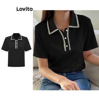 Lovito เสื้อยืดลําลอง แขนสั้น ติดกระดุมด้านหน้า สีตัดกัน สําหรับผู้หญิง L62ED032 (สีดํา)