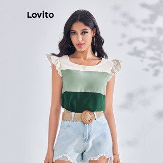 Lovito เสื้อเบลาส์ลําลอง ผ้าย่น แบบเย็บติดกัน แบบเรียบ สําหรับผู้หญิง LBE03086 (หลายสี)