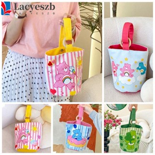 Lacyeszb Carebears กระเป๋าถือ ผ้าแคนวาส ลายการ์ตูนหมี สีรุ้ง ความจุขนาดใหญ่ แบบพกพา สไตล์เกาหลี สําหรับใส่กล่องอาหารกลางวัน ปิกนิก