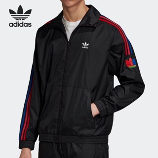 Adidas ของแท้ 100% เสื้อแจ็กเก็ต คอตั้ง ปักลาย ลายทาง กันลม สไตล์คลาสสิก สําหรับผู้ชาย GE0841