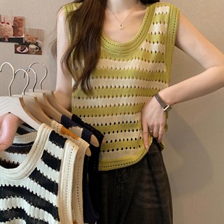 👚Konw👚 พร้อมส่ง*เสื้อกั๊กไหมพรม ผู้หญิง เสื้อกล้ามแขนกุด ตัดขอบสีสวย คอวี แฟชั่นสไตล์เกาหลีสุดๆ กลวง ลายทาง1816