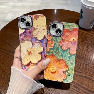 เคสโทรศัพท์มือถือ ป้องกันกระแทก ลายภาพวาดสีน้ํามัน รูปดอกไม้ สีส้ม สีฟ้า สําหรับ IPhone 15 11 12 13 14 Pro Max