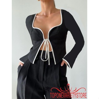 Topone- เสื้อยืดแขนยาว ผูกเชือก สีดํา ฤดูใบไม้ร่วง สําหรับผู้หญิง
