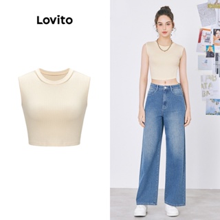 Lovito เสื้อครอปแขนกุด เปิดหลัง แบบผูกเชือกหลัง สีพื้น สไตล์ลำลอง สำหรับผู้หญิง L59ED017 (สีแอปริคอต)