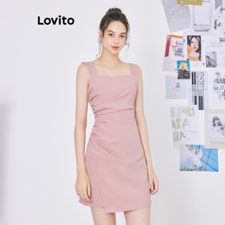 Lovito ชุดเดรส จับจีบ ไม่สมมาตร ซิปข้าง สีพื้น เรียบหรู สำหรับผู้หญิง L59ED126 (ชมพู/ฟ้า)