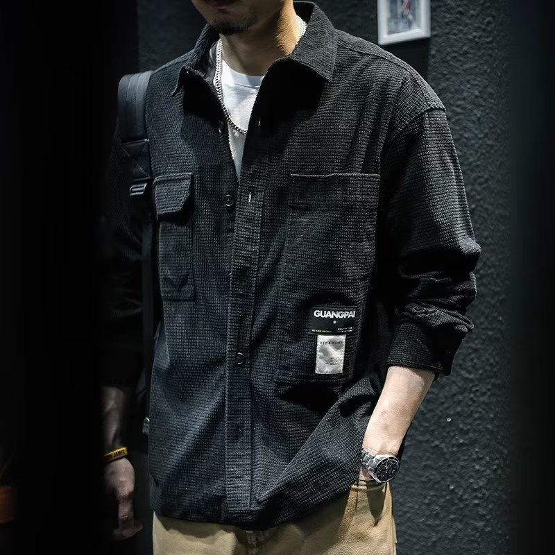 วาฟเฟิล เสื้อเชิ้ตแขนยาว แต่งกระเป๋า ขนาดใหญ่ สไตล์ญี่ปุ่น แฟชั่นสําหรับผู้ชาย และผู้หญิง