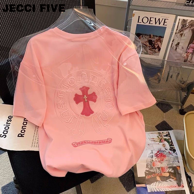 โครเมี่ยมหัวใจ สีชมพูข้ามดอกไม้ปักแขนสั้นเสื้อยืดผู้ชายผู้หญิงฤดูร้อนผ้าฝ้ายบริสุทธิ์หลวมคู่ขนาดบวกเสื้อยืดด้านบน