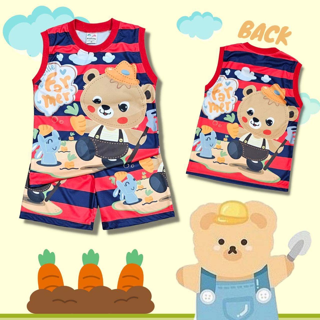 BE0874#5 ชุดเด็ก เสื้อกล้าม+กางเกงขาสั้น ผ้าไมโครเกรดA ลายพี่หมีทำฟาร์ม เสื้อผ้าเด็ก ชุดเด็กแฟชั่น ชุดเด็กลายการ์ตูน
