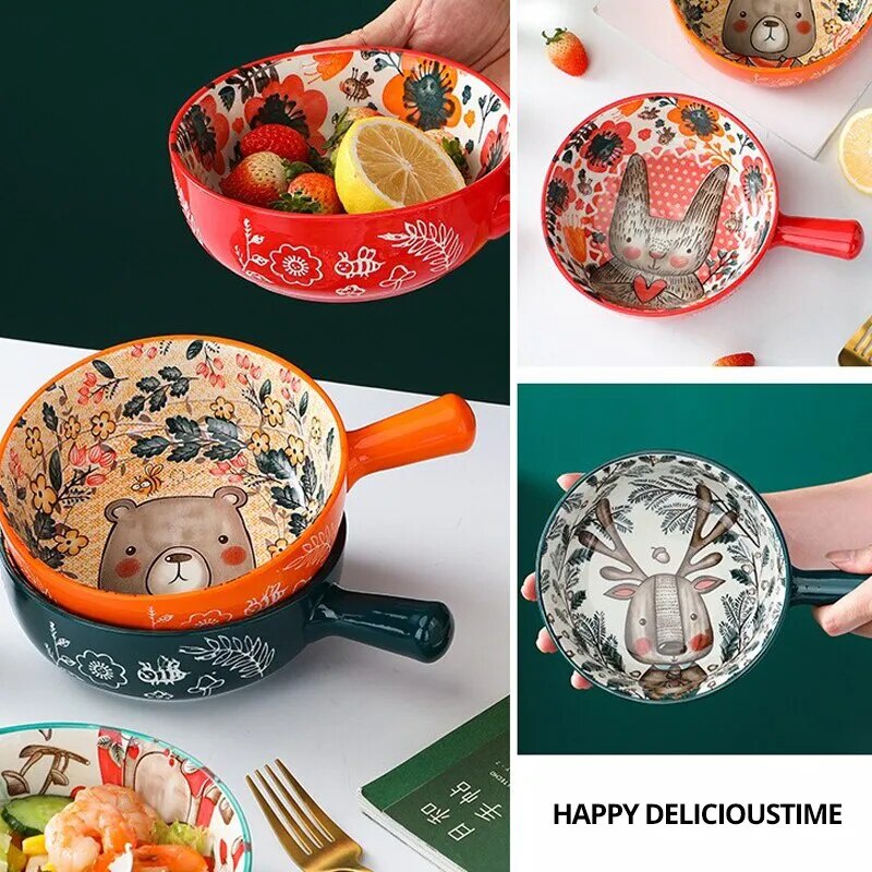 Cartoon Ceramic Single Handle Bowl Ceramic Handle Bowl Baking Handle Noodle Bowl Household Breakfast