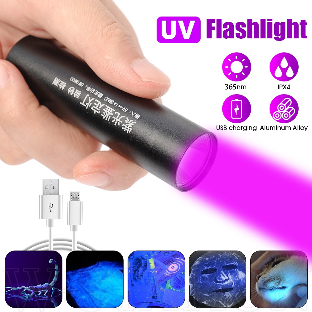 ไฟฉาย UV 365nm แบบชาร์จ USB / ไฟฉายอัลตราไวโอเลต LED ขนาดเล็ก / แสงสีม่วง กันน้ํา แบบพกพา / ปัสสาวะสัตว์เลี้ยง คราบแห้ง เตียง แมงป่อง แมงป่อง ตรวจจับแสง