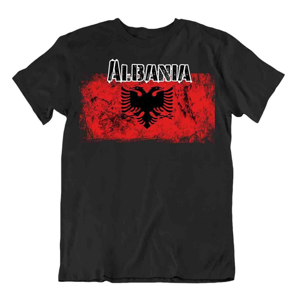 คอกลม เสื้อยืด พิมพ์ลายธงชาติภูเขา Albania เหมาะกับการเดินทาง สําหรับผู้ชาย
