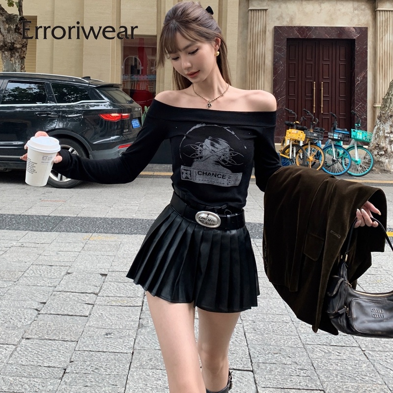 Erroriwear เสื้อยืด แขนยาว เปิดไหล่ พิมพ์ลาย ทรงสลิมฟิต สําหรับผู้หญิง 2023