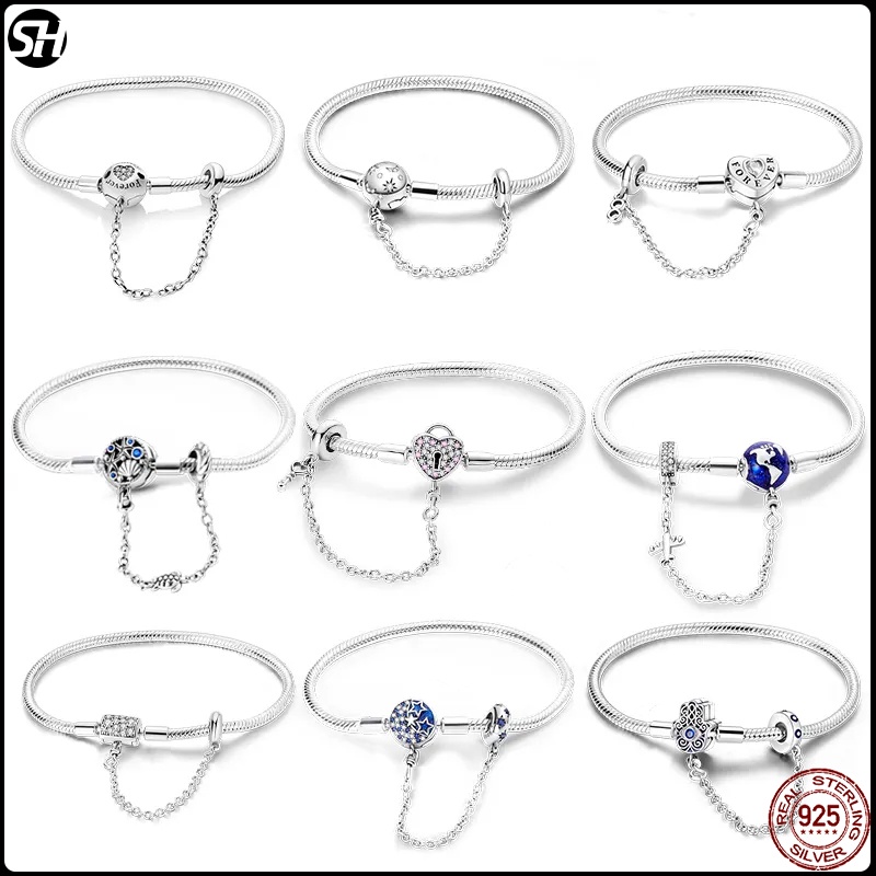 สร้อยข้อมือเงินแท้ เกรด 925 จี้รูปหัวใจ สีชมพู ขนาด 17-20 ซม. พร้อมสายโซ่นิรภัย สําหรับทําเครื่องประดับวันเกิด DIY