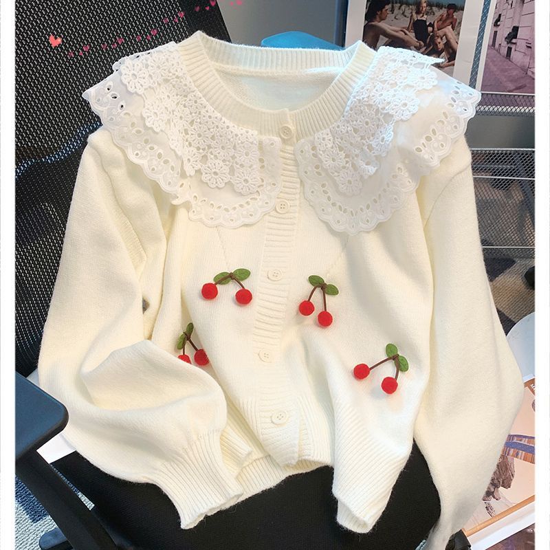 พร้อมส่ง เสื้อสเวตเตอร์คอตุ๊กตาทรงหลวมสีฟ้าน่ารักใส่สบาย คาร์ดิแกนตัวสั้นผ้าถักสไตล์เกาหลีพิมพ์ลาย