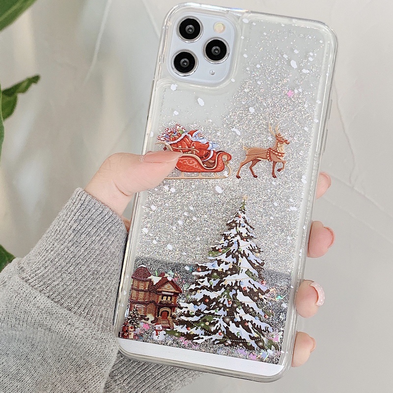 เคสโทรศัพท์มือถือ แบบกลิตเตอร์ในของเหลว ลายคริสต์มาส สําหรับ iPhone 15 14 13 Pro Max 12 11