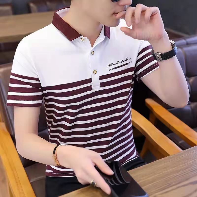 เสื้อโปโลแขนสั้นลําลอง ลายทาง สไตล์เกาหลี สําหรับผู้ชาย