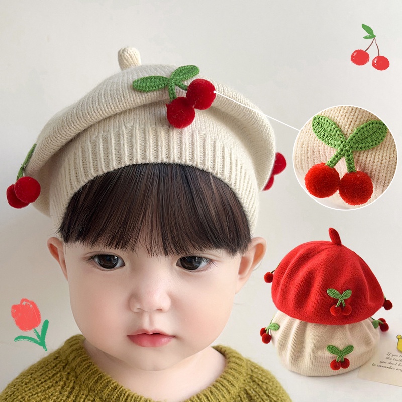หมวกเบเร่ต์ หมวกบีนนี่ ผ้าถัก ลายเชอร์รี่น่ารัก ให้ความอบอุ่น สีพื้น แฟชั่นฤดูหนาว สไตล์เกาหลี สําหรับเด็กผู้หญิง