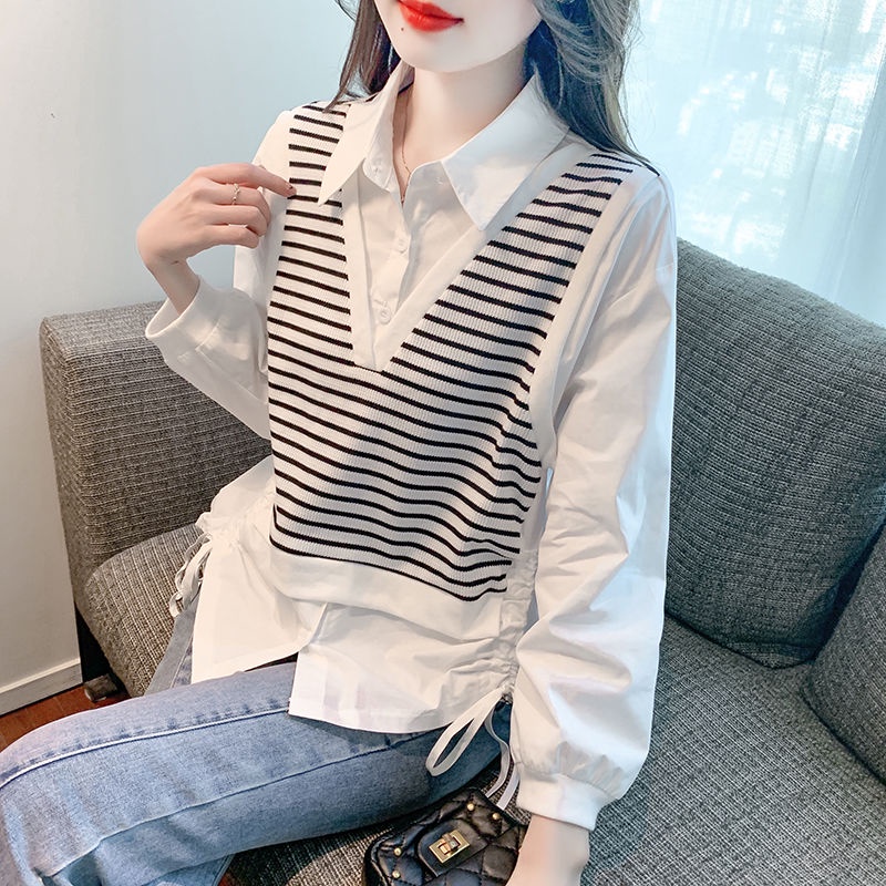 พร้อมส่ง✨ เสื้อเชิ้ตลายทางสไตล์เกาหลีทันสมัยและสะดวกสบาย new POLO คอมีเชือกรูดเสื้อชีฟองแขนยาว
